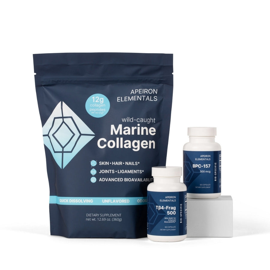 Apeiron Elementals marine collagen BPC-157 and TB4-Frag 500 on a white background