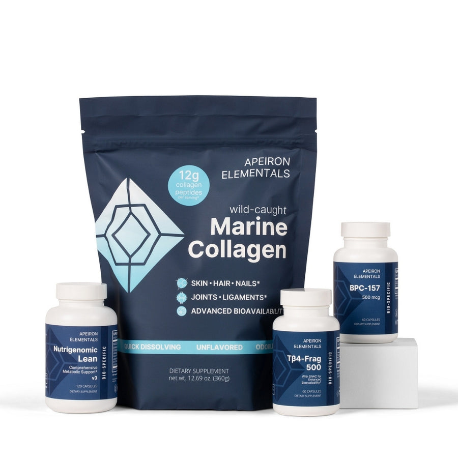 Apeiron Elements Marine Collagen, BPC-157, TB4-Frag 500, and nutrigenomic lean on a white background