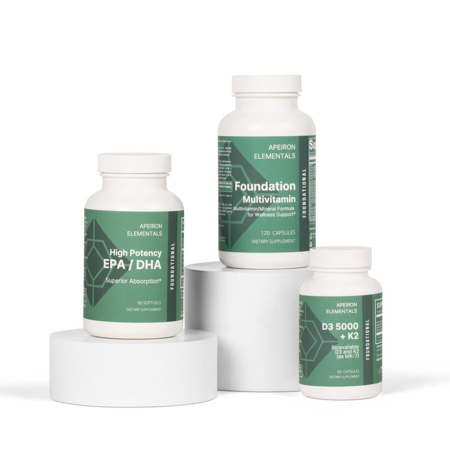 Apeiron Elementals' foundation multivitamin, high potency EPA/DHA, and D3 5000 + K2 supplements on a white background