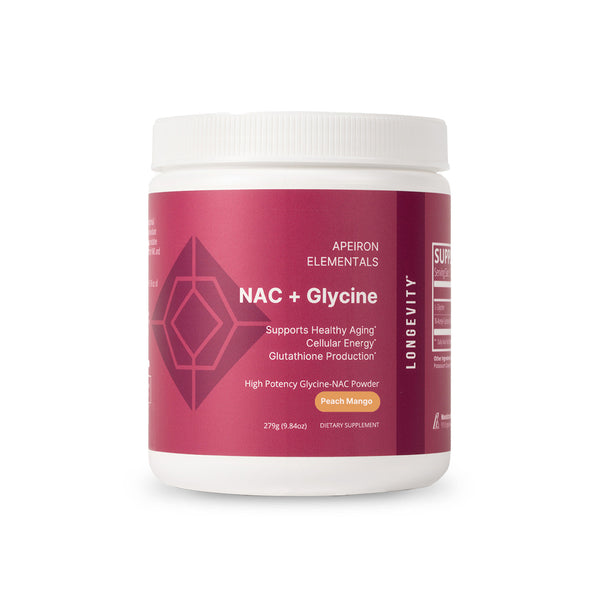 Apeiron Elementals NAC + Glycine peach mango powder for healthy aging and glutathione production